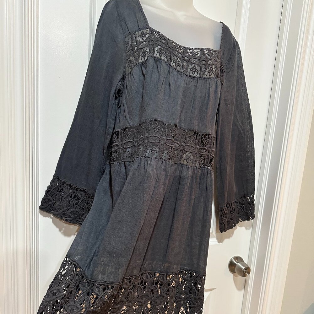 Free People Linen/Cotton Charcoal Gray Dress w/Embroidered Trim Size L